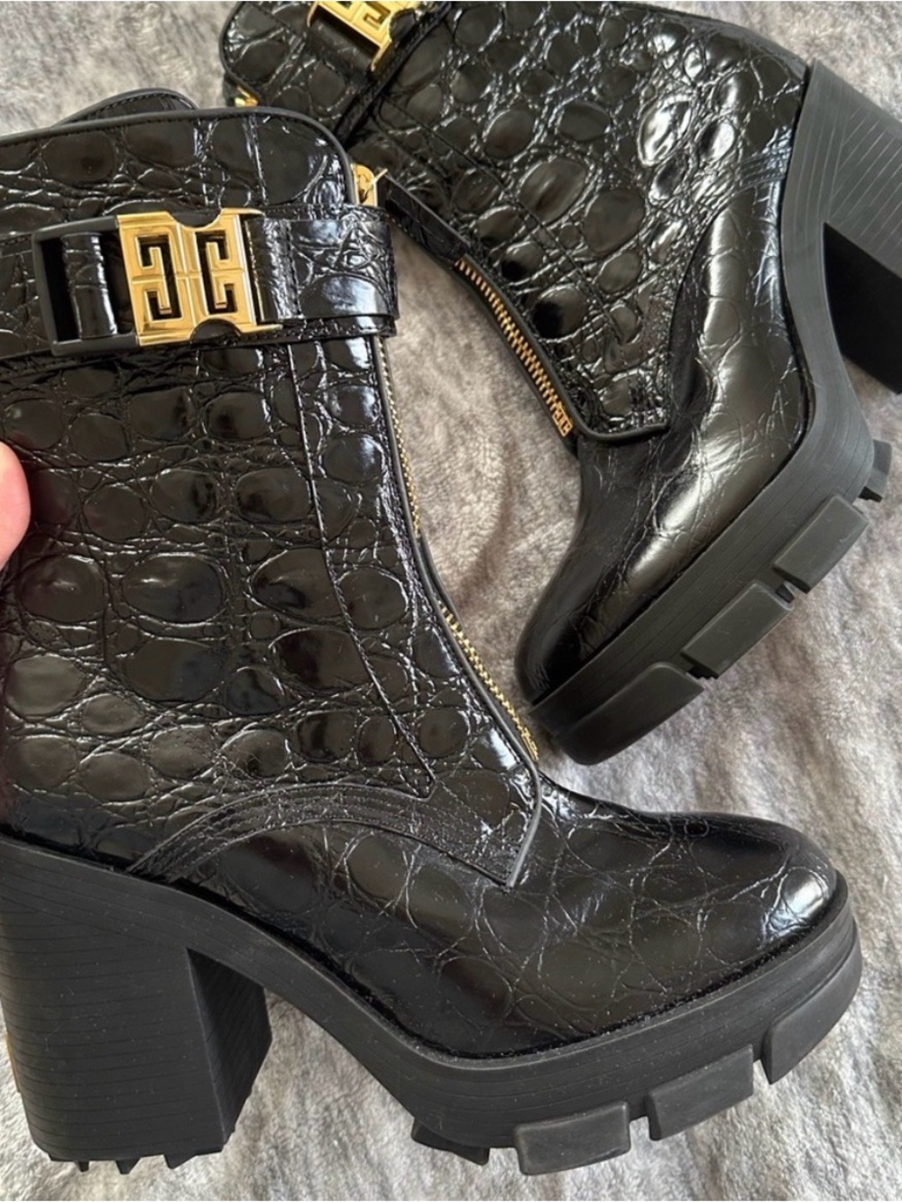 Givenchy Black Terra Croc-Embossed Platform Ankle Boots with Gold Logo